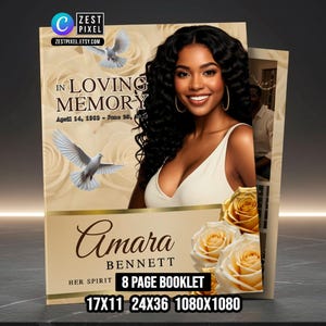 Gold Funeral Program Booklet Canva Template: Elegant Memorial Celebration of Life (8 Page Booklet)