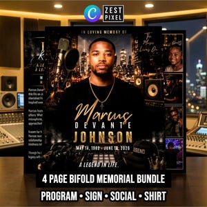 May include: A four-page bifold memorial bundle featuring a portrait of Marcus Devante Johnson, born May 14, 1992, died June 14, 2026. The design includes a city skyline, a microphone, and the text In Loving Memory Of, The Music Lives On, and A Legend In Life.
