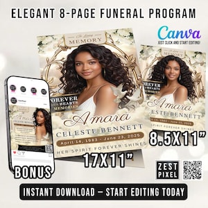 May include: An elegant funeral program design featuring a portrait of a woman, with the name "Amara" and dates. The design includes the text "Forever in Our Hearts Memories" and is available in 8.5x11 and 17x11 inch sizes. The program is an instant download.