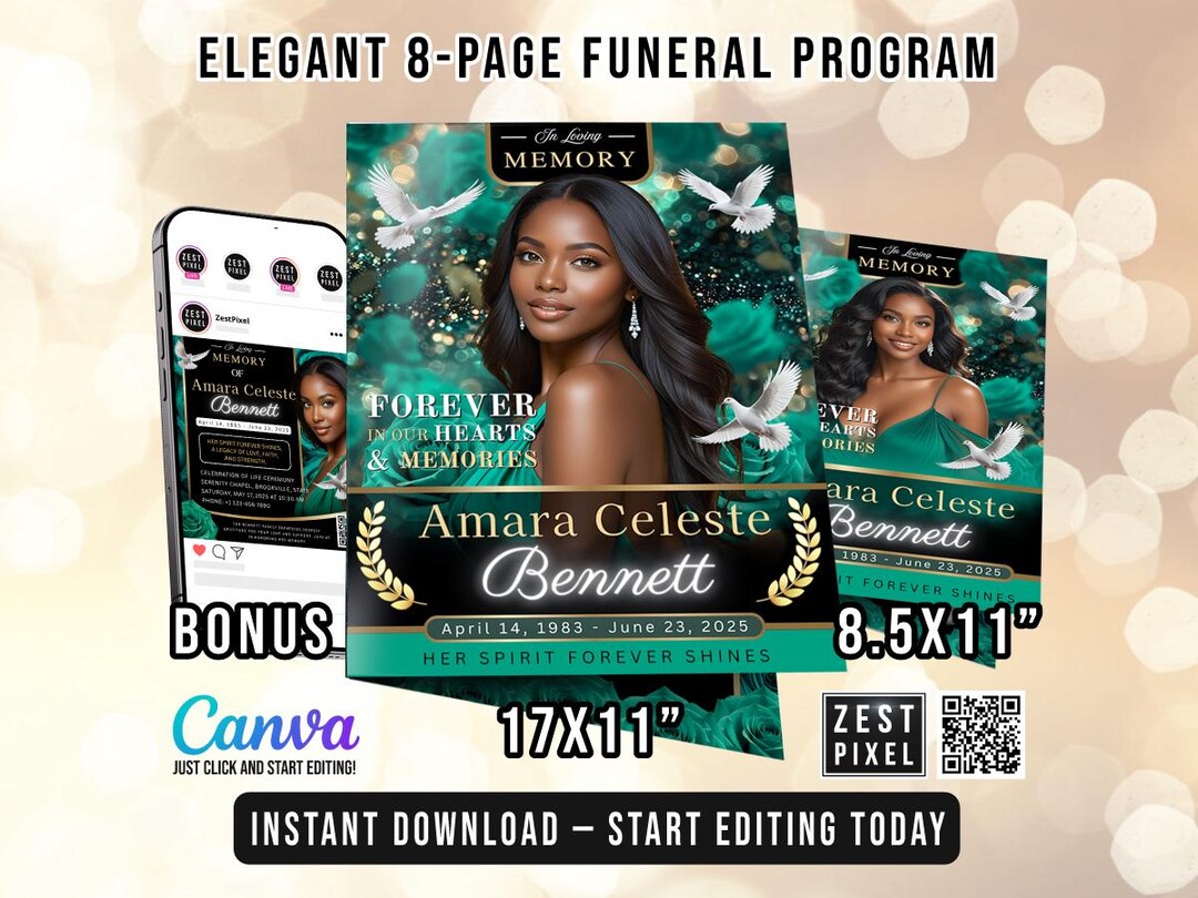 Elegant Funeral Booklet Template 8 Page Canva Celebration of Life ...