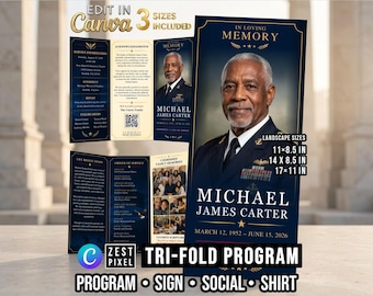 Tri Fold Funeral Program, Veteran Memorial Canva Template, Editable Celebration of Life, 3 Sizes