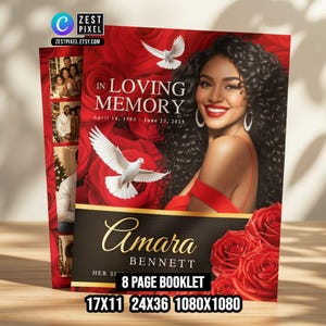 Red Rose Funeral Program Booklet Canva Template: Celebration of Life Memorial Booklet (8 Page)