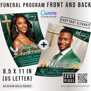 Funeral Program Template Canva 8.5x11 | Modern Green Memorial Booklet | Editable Obituary & Celebration of Life Brochure