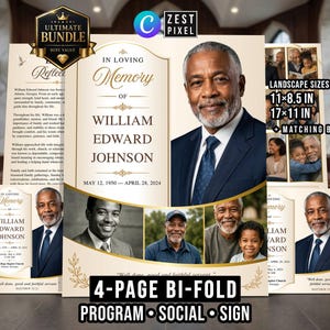 Peut inclure: Un modèle de programme funéraire avec le portrait de William Edward Johnson, portant le texte In Loving Memory of William Edward Johnson, 12 mai 1950 - 28 avril 2024. Le design inclut plusieurs cadres photo, des accents dorés et des formats 27,9x21,6 cm et 43,2x27,9 cm.