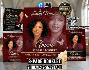 Red Funeral Program Template, Rose Memorial Booklet, 8 Page Celebration of Life Program