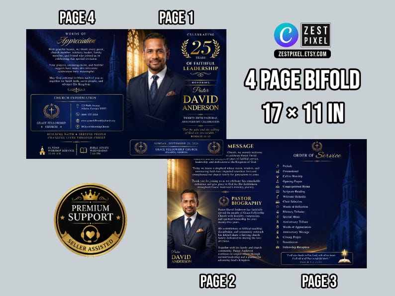 Formal church anniversary booklet template featuring stained glass windows and elegant serif typography.