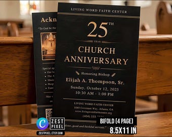 Church Anniversary Program Template Canva, 4 Page Church Bulletin 8.5x11 Editable