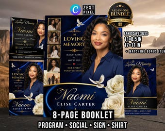 8 Page Funeral Program, Editable Canva Bundle, Blue Celebration of Life Booklet