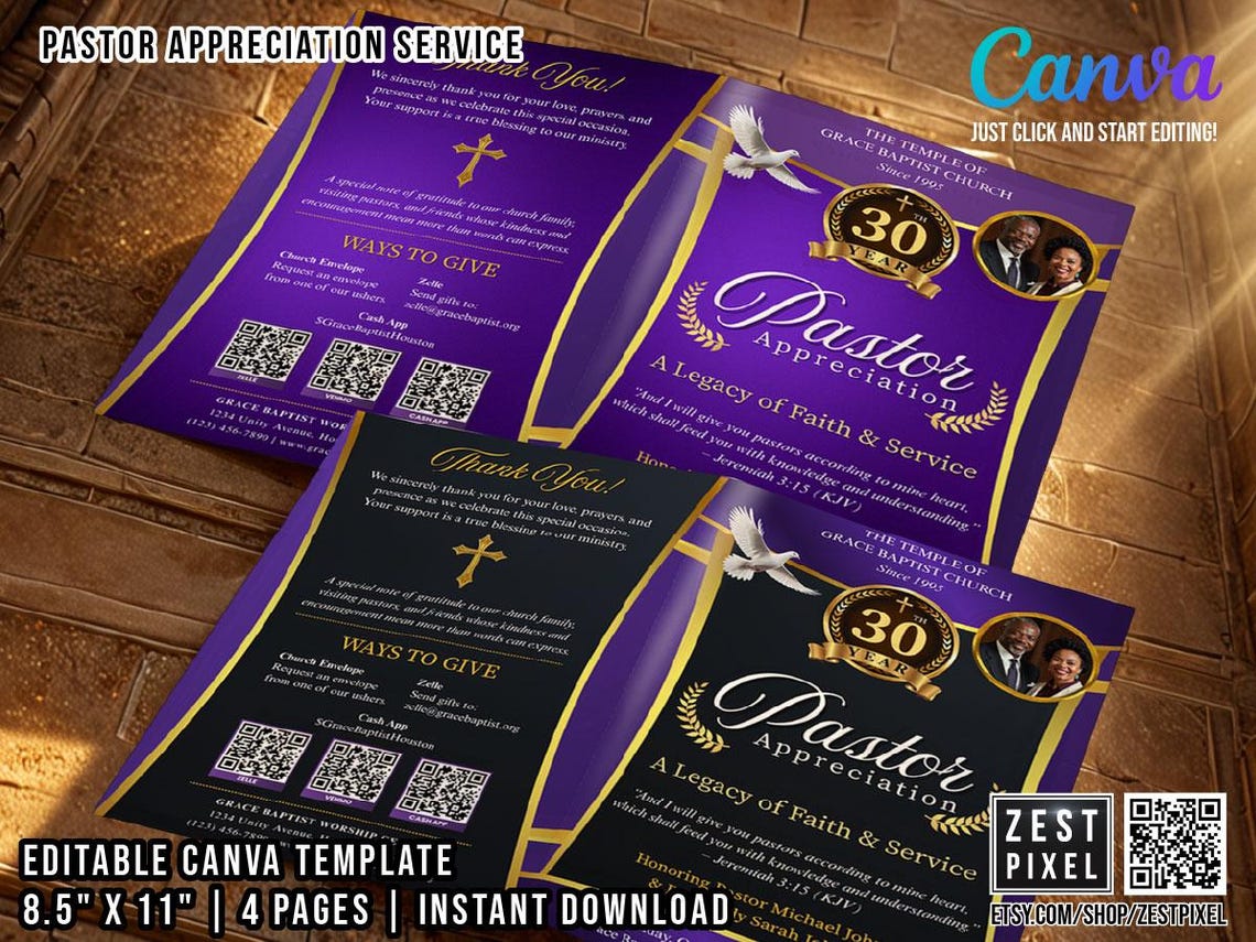 Editable Pastor Appreciation Program Template | Canva Church Service ...