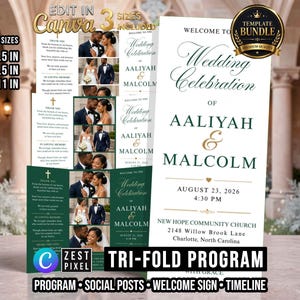 Może przedstawiać: Zestaw szablonów składanych programów ślubnych w kolorze białym i ciemnozielonym ze złotymi akcentami tekstowymi. Tekst brzmi Wedding Celebration of Aaliyah & Malcolm, August 23, 2026, 16:30, New Hope Community Church, 2148 Willow Brook Lane.