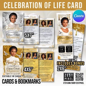 Op de afbeelding: Een verzameling herdenkingskaarten en bladwijzers in goud- en wittinten. De kaarten tonen een portret van een vrouw, de tekst "Thank You" en de naam "Eliana Celeste Monroe". De afbeelding bevat de tekst "Celebration of Life Card".