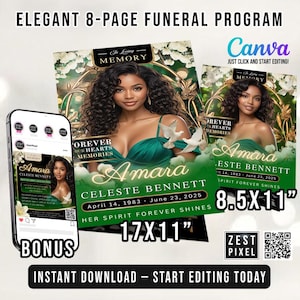 May include: An elegant 8-page funeral program design featuring a portrait of a woman in a green dress. The program includes the name "Amara Celeste Bennett" and dates, with the text "Her Spirit Forever Shines". The design is available in 17x11 and 8.5x11 inch sizes.