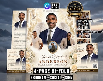 Funeral Booklet Template, White Gold 4 Page Memorial Program, Editable Canva Service Bundle