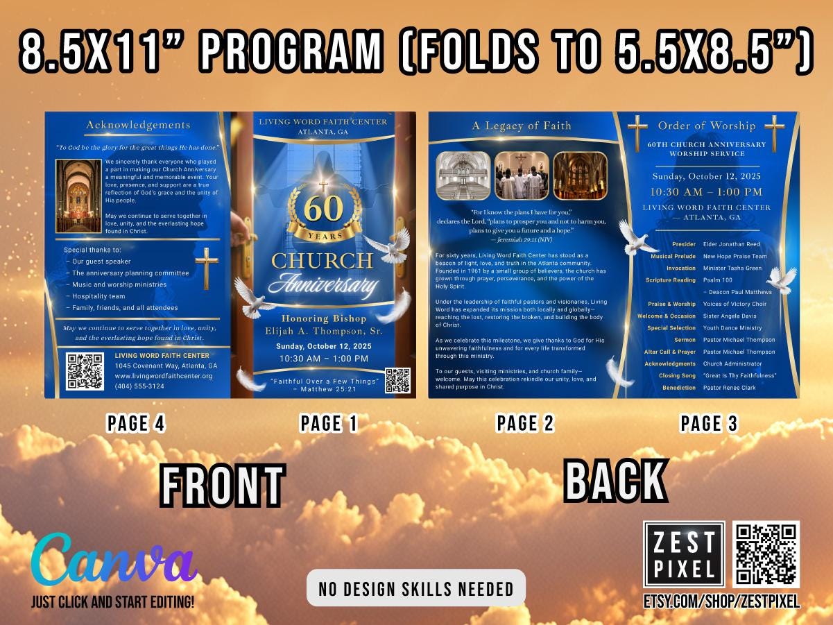 Church Anniversary Bifold Program Template: Editable Canva Design ...