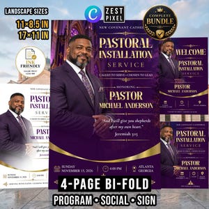 May include: A digital template set for a pastoral installation service featuring a portrait of a man in a suit. The purple and gold design includes text such as New Covenant Cathedral, Pastoral Installation Service, and Pastor Michael Anderson.