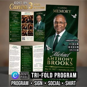 May include: A tri-fold funeral programme template in dark green and gold featuring a portrait of Michael Anthony Brooks, text including In Loving Memory, Order of Service, and Life Reflections, with landscape sizes 27.9x21.6cm, 35.6x21.6cm, and 43.2x27.9cm.