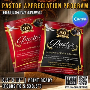Pastor Appreciation Program Template | Editable 8.5x11 Canva Program | 4 Page Printable Church Service Booklet