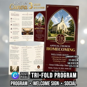 May include: A tri-fold church program template in deep red and gold, featuring an arched image of a stone church, text reading Annual Church Homecoming, 78 Years of Faith, and details for October 18, 2026. Includes 11x8.5, 14x8.5, and 17x11 inch sizes.