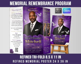 Tri Fold Funeral Program Template, Memorial Poster (Digital Download)