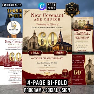 May include: A 4-page bi-fold church program template for the New Covenant AME Church 60th anniversary. The design features a cream and deep red color scheme with gold text, church imagery, and the years 1966 and 2026. Includes landscape sizes 11x8.5 inches and 17x11 inches.