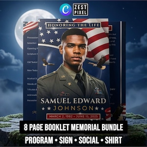 Military Funeral Program Template, 8-Page Memorial Booklet, Welcome Sign (Digital Download)