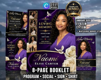 Purple 8 Page Funeral Program Template, Memorial Booklet Bundle, Editable Canva Download
