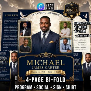 May include: A funeral programme template featuring a portrait of a man in a suit, with the text IN LOVING MEMORY, MICHAEL JAMES CARTER, and dates March 12, 1952 - June 15, 2026. The design includes gold accents, a dark blue background, and clouds.