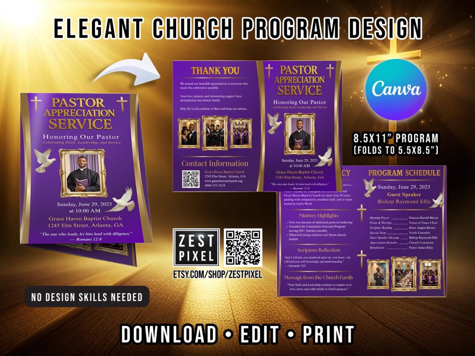 Pastor Appreciation Program Template, Editable Canva Church Brochure ...