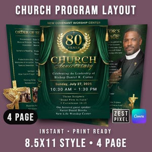 Puede incluir: Diseño de programa de iglesia de cuatro páginas con una combinación de colores verde y dorado. El diseño incluye el texto "CHURCH PROGRAM LAYOUT" y "CHURCH ANNIVERSARY". El programa es de 8,5x11 pulgadas y presenta una foto de un hombre.