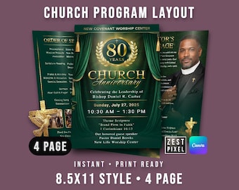 Church Anniversary Program Template (Editable with Canva), Worship Service Bulletin 8.5x11