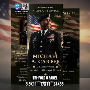Op de afbeelding: Een drievoudige herdenkingskaart met een portret van Michael A. Carter, een veteraan van het Amerikaanse leger. Het ontwerp bevat de Amerikaanse vlag, tekst ter ere van zijn leven en details van zijn dienst. Verkrijgbaar in 21,6x27,9 cm, 43,2x27,9 cm en 61x91,4 cm.