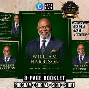 May include: A funeral programme template bundle featuring a dark green background with gold text. The design includes a portrait of a man in a suit, the name William Harrison, dates of birth and death, and the phrase In Loving Memory. Includes 27.9x21.6 cm and 43.2x27.9 cm sizes.