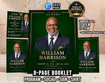 Green Memorial Program Template | 8 Page Funeral Booklet | Editable Canva Celebration of Life Bundle