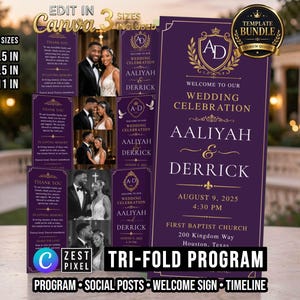 Könnte beinhalten: Ein violettes und goldfarbenes Hochzeitskarten-Vorlagenpaket mit dem Text Welcome to our Wedding Celebration, Aaliyah & Derrick, August 9, 2025, 4:30 PM, First Baptist Church, 200 Kingdom Way, Houston, Texas, in den Querformaten 27,9x21,6, 35,6x21,6 und 43,2x27,9 cm.