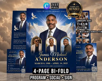 Funeral Program Template Bundle, 4 Page Bifold Canva, Memorial Sign and Social Post