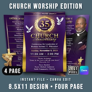 Elegant kyrkojubileumsprogram (redigerbart med Canva), gudstjänstbulletin 4 Sida 8,5x11