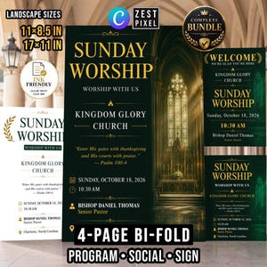 Puede incluir: Un paquete de programas digitales para iglesia con plantillas de Sunday Worship en verde oscuro y dorado. Incluye texto para Kingdom Glory Church, 18 de octubre de 2026, 10:30 AM y Bishop Daniel Thomas. Tamaños: 11x8.5 pulgadas y 17x11 pulgadas.