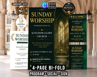 Church Program Template, Sunday Service Bulletin, Editable Canva Worship Program Bundle