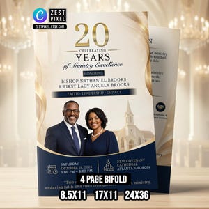 Puede incluir: Folleto plegado de 4 páginas que celebra 20 años de excelencia ministerial. El diseño presenta detalles en dorado y azul marino, con fotos del Obispo Nathaniel Brooks y la Primera Dama Angela Brooks. Incluye detalles del evento.