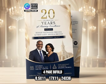 Può includere: Un opuscolo pieghevole a 4 pagine che celebra 20 anni di eccellenza ministeriale. Il design presenta accenti oro e blu navy, con foto del Vescovo Nathaniel Brooks e della First Lady Angela Brooks. Include i dettagli dell'evento.