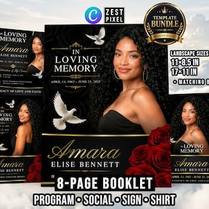 Black Gold Memorial Booklet Template Bundle, 8 Page Funeral Program Canva Set