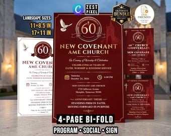 Red Church Anniversary Program Template | Burgundy Gold Bifold Worship Bulletin | Canva Download
