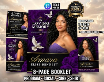 Plantilla de programa funerario de 8 páginas, folleto conmemorativo morado, paquete de Canva para celebración de la vida
