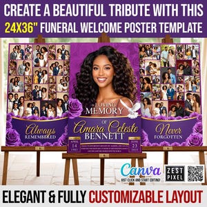 May include: A funeral welcome poster template, 24x36 inches, with a purple and gold design. The poster features a photo collage, the text "In Loving Memory of Amara Celeste Bennett", and the dates April 14, 1983 - June 23, 2015.