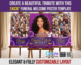 de Collage de photos funéraires violet | Poster de bienvenue commémoratif (toile de 24 x 36 po.)