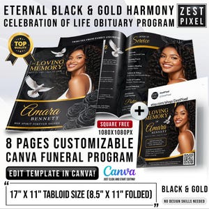 Puede incluir: Plantilla de programa fúnebre en negro y dorado con foto de mujer, palomas y rosas. El programa mide 43 x 28 cm (21,5 x 28 cm plegado) y es personalizable en Canva. El texto incluye "In Loving Memory" y "Amara Bennett."
