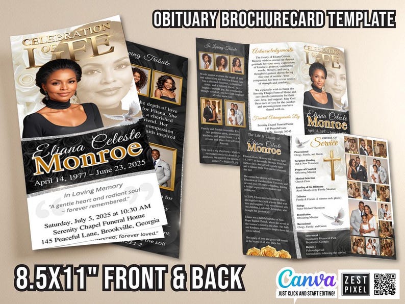 Trifold Funeral Program Template Canva | Celebration of Life Brochure ...