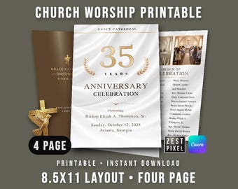 Church Anniversary Program Canva Editable, Worship Service Bulletin, 4 Page Printable Layout