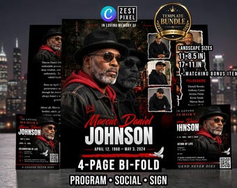 Bifold Funeral Program Bundle, 4 Page Canva Memorial Template, Social Post and Welcome Sign