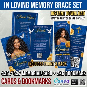 Könnte beinhalten: Ein Gedenkset mit einem Foto von Amara Bennett auf blauen Karten und Lesezeichen. Das Set enthält eine 10,16 cm x 15,24 cm große Gedenkkarte und ein 5,08 cm x 15,24 cm großes Lesezeichen mit Texten wie "In Loving Memory" und "Forever in Our Hearts."